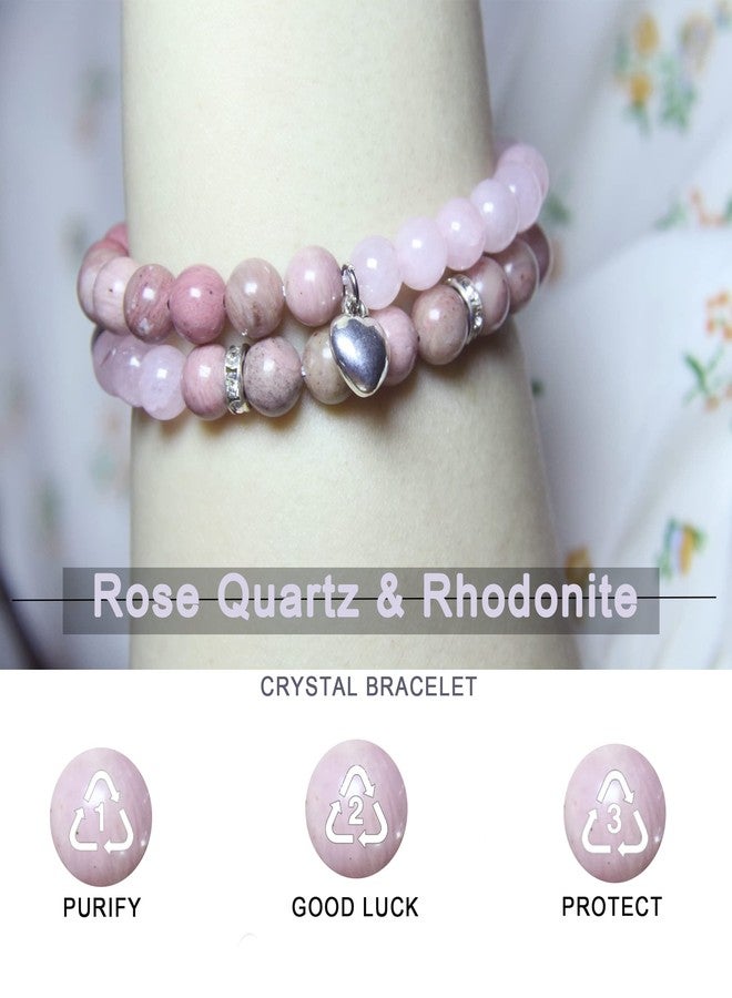 GDLKPYHS Healing Bracelets for Women - Rose Quartz & Rhodonite Bracelet - Healing Prayers Crystal Bracelet, 8mm Natural Stone Stress Relief Yoga Beads Get Well Soon Gifts - Image 4